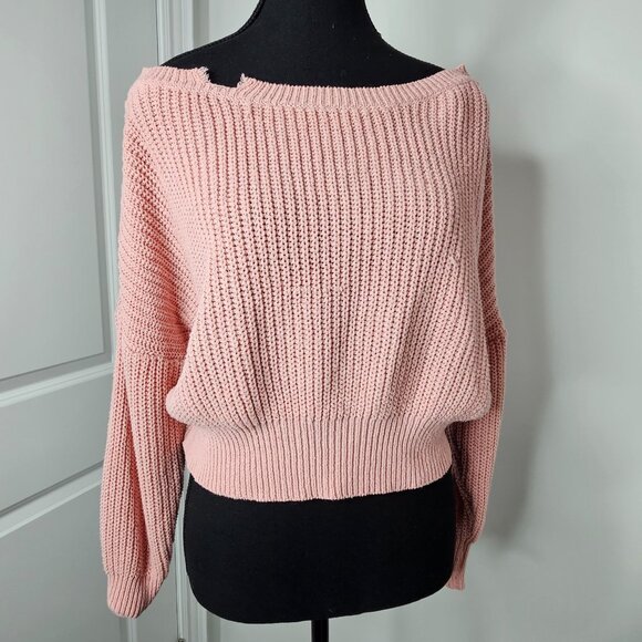 Women's Pink Cropped Distressed Knit Sweater, Size S - Picture 3 of 16